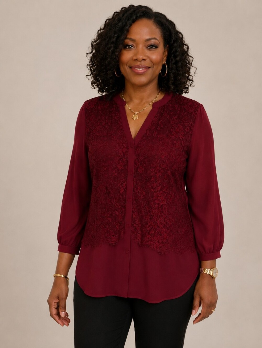 Karl Lagerfeld V-Neck, Button Down Lace Fronted Blouse. Red. Size Medium